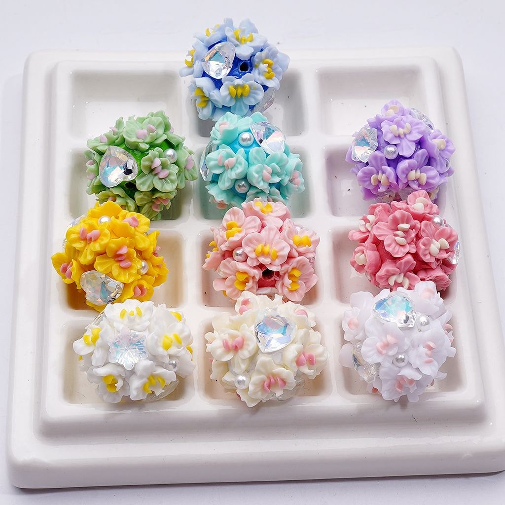 Cute Flowers White Pearls Shiny Snowflakes Hearts Rhinestones Round Clay Beads